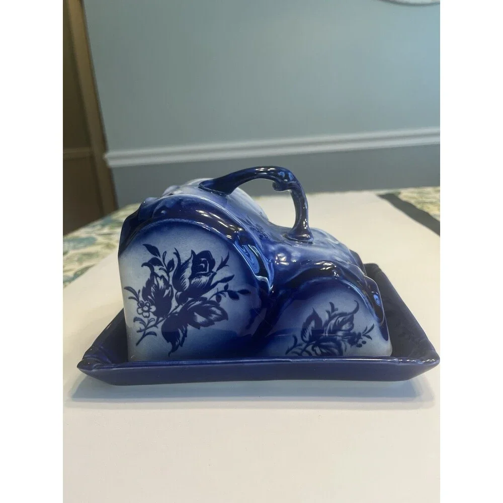 Vintage Empress Staffordshire England Blue Floral Cheese Dish Lid